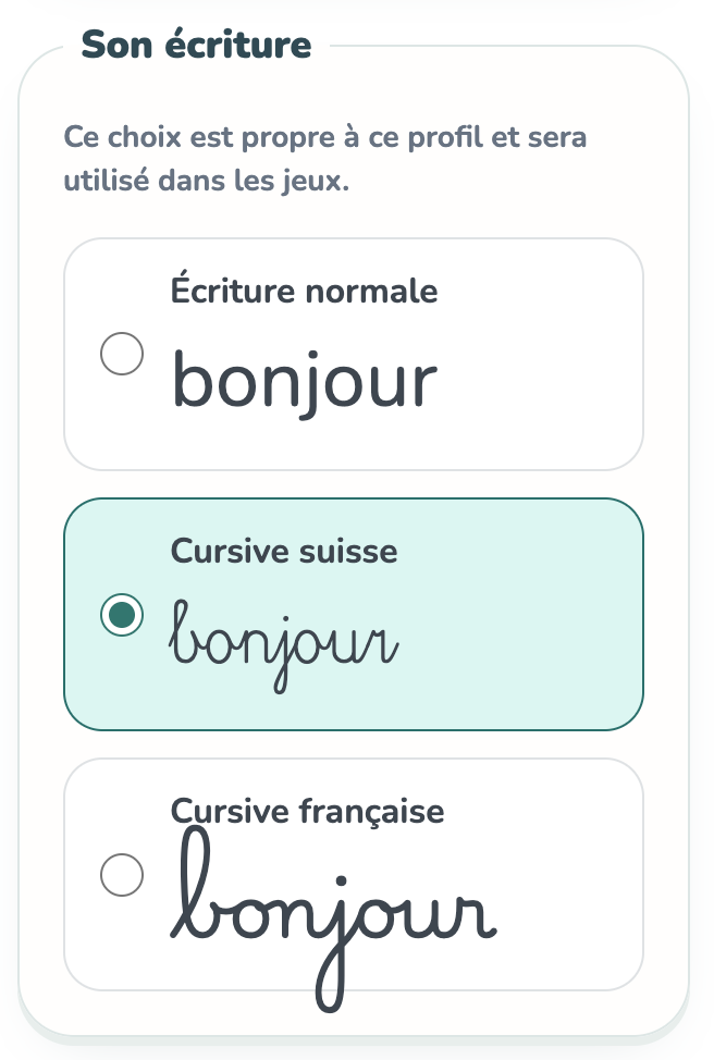 Choix de l’écriture normale, cursive suisse ou cursive française dans Mimémo